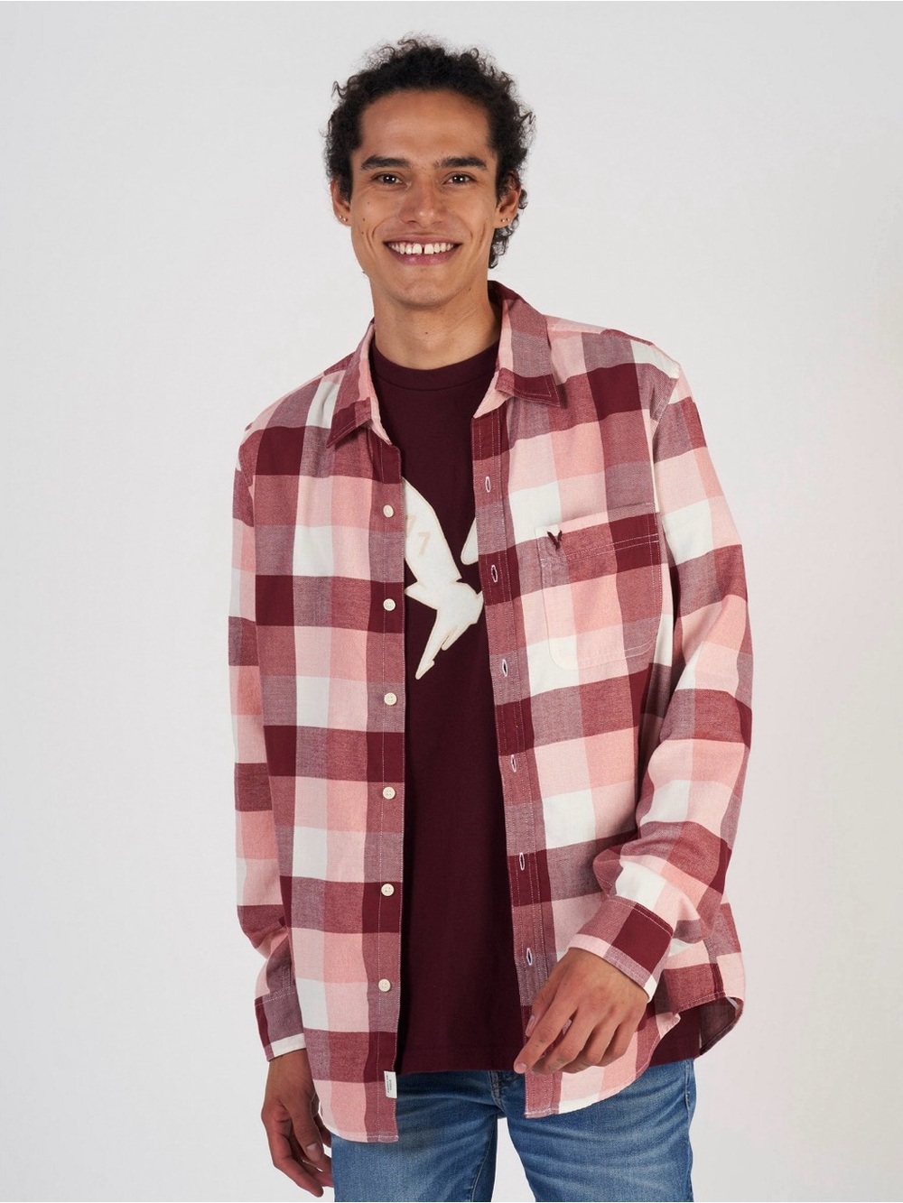 American Eagle Pink, Burgundy & White Plaid Button-Up